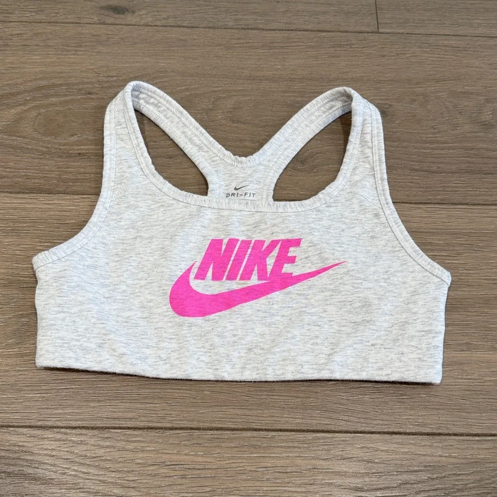 NIKE GIRLS Heather Gray Hot Pink Logo Pullover Racerback Active Sports‎ Bra Sz L